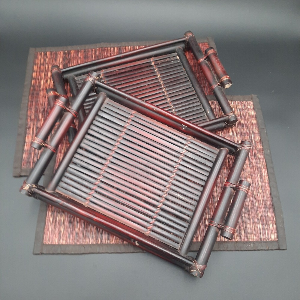 Vintage Vietnamese Bat Trang Square Black Bamboo Tray w/ Placemats Set Of 2